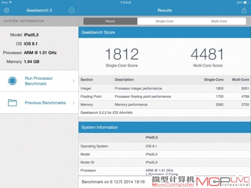 Geekbench 3测试成绩，充分证明iPad Air 2的三核效率相当不错。